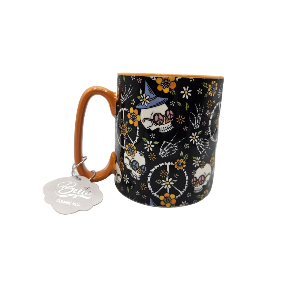 10 Strawberry Street Halloween 18 oz Coffee‎ Soup Mug Skulls Peace Orange NEW